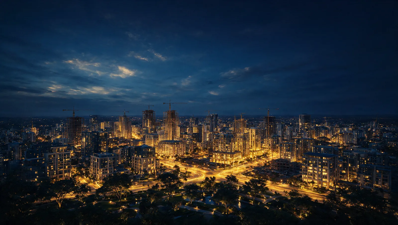 Aerial view of a city at dusk, construction cranes on the skyline and streets lit gold