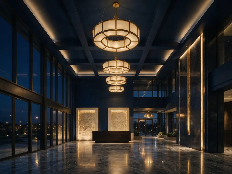 Double-height commercial lobby at dusk with ring pendant lights over a polished stone floor
