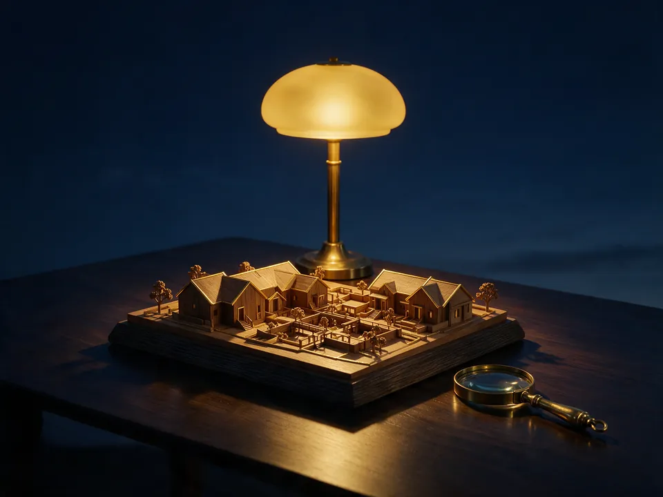 Wooden scale model of a housing development on a dark table beside a brass magnifying glass