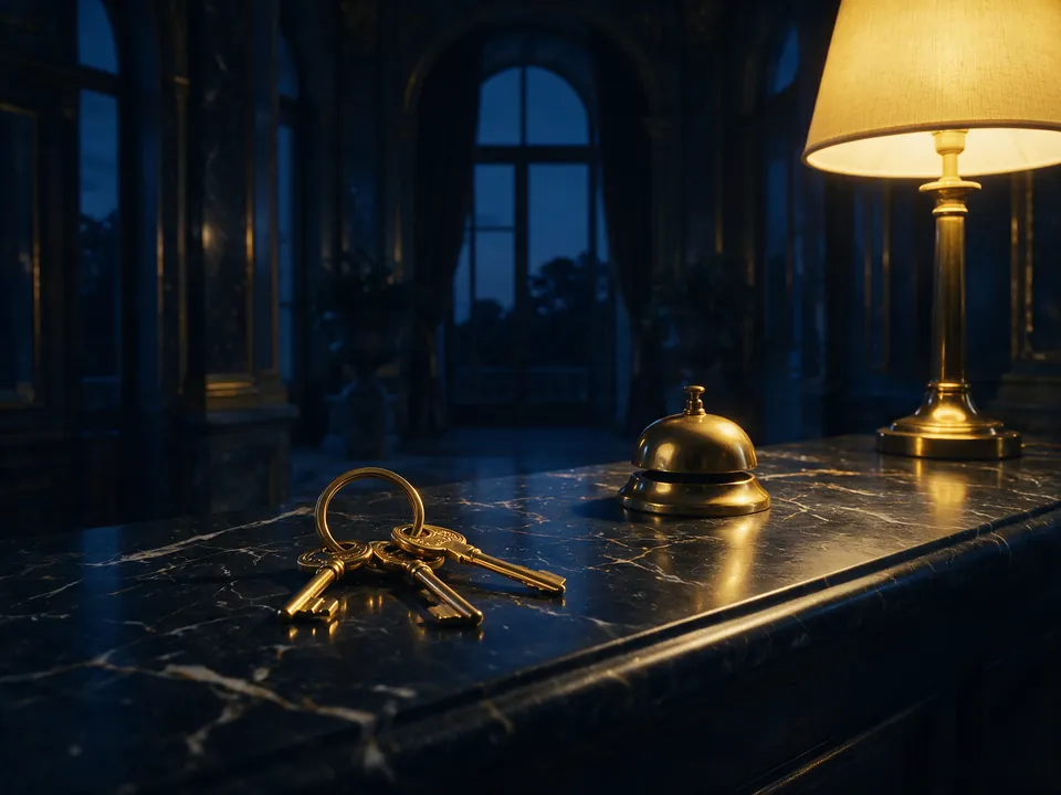 Brass keys and a service bell on a marble concierge desk in warm evening lamplight