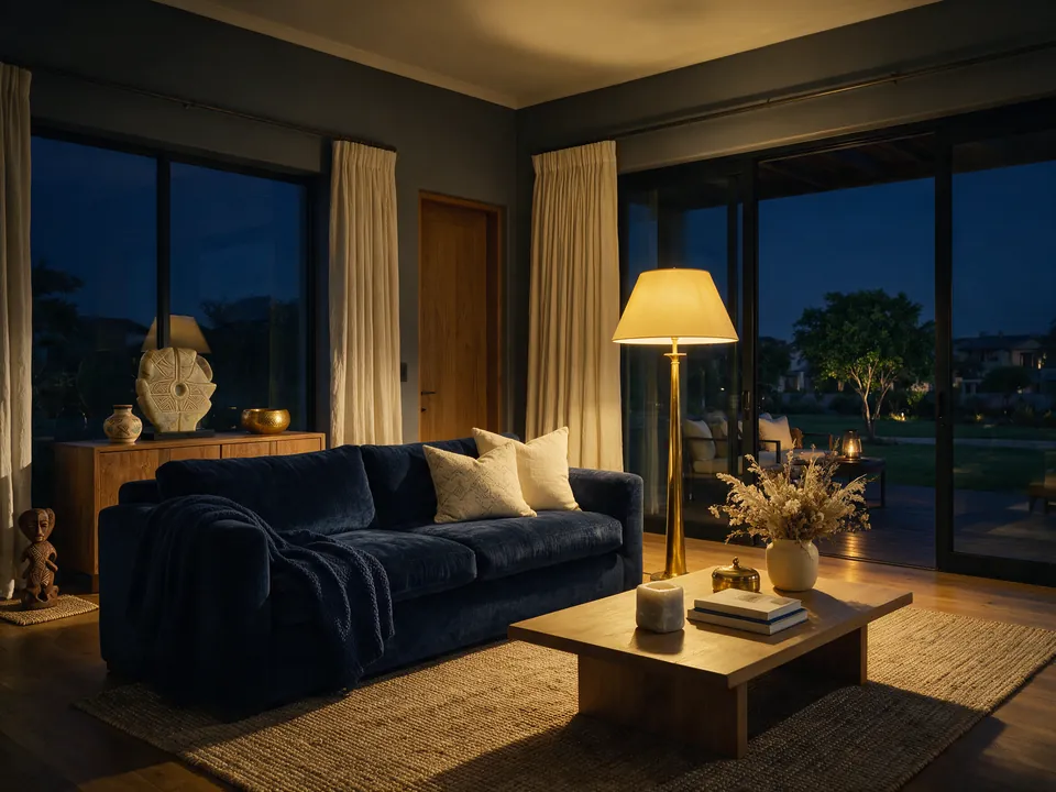 Living room of a residential development at dusk, a gold floor lamp lit against deep navy twilight in the glass