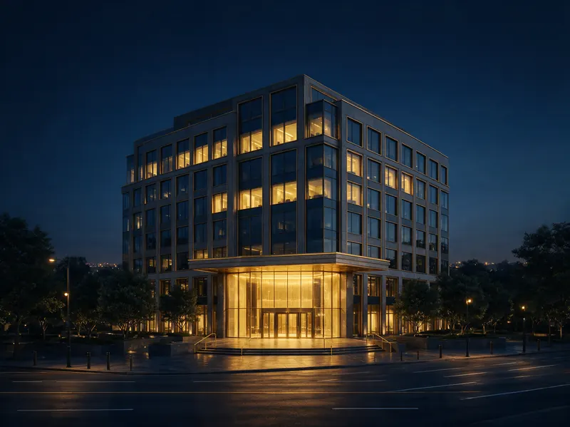 Commercial office building lit at dusk