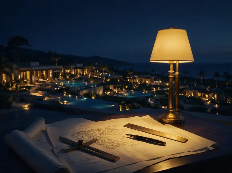 Development plans on a desk overlooking an evening estate