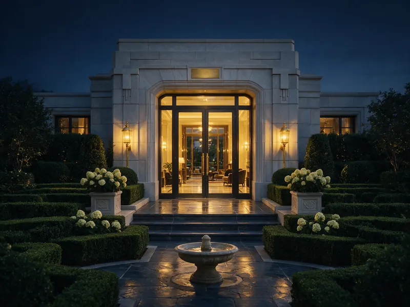 Managed property entrance with evening lanterns and gardens