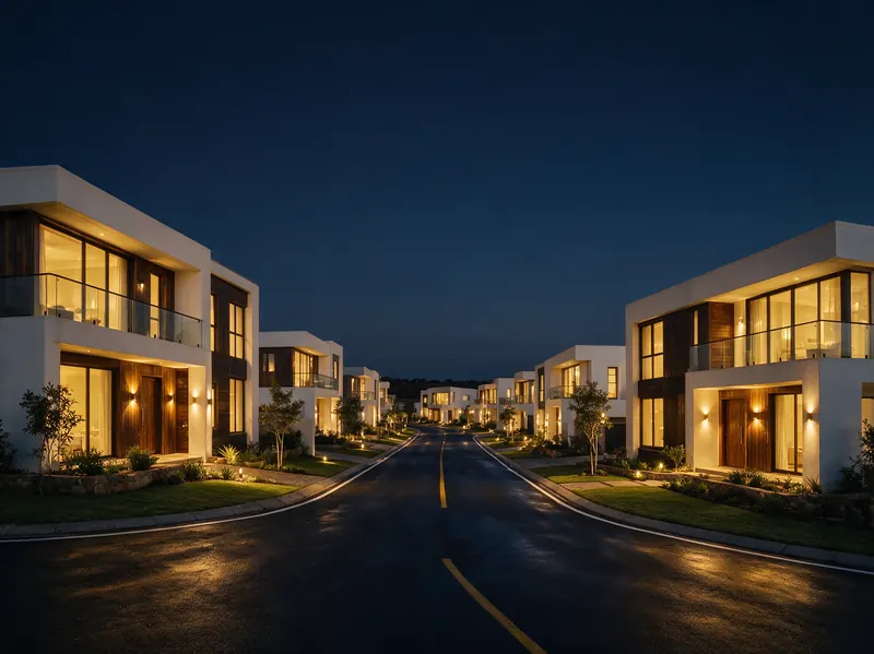 Dusk view of a lit residential development street